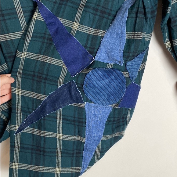 Handcrafted Sewn Green Flannel Denim Sun Print Unique Shirt Size M - Picture 2 of 7